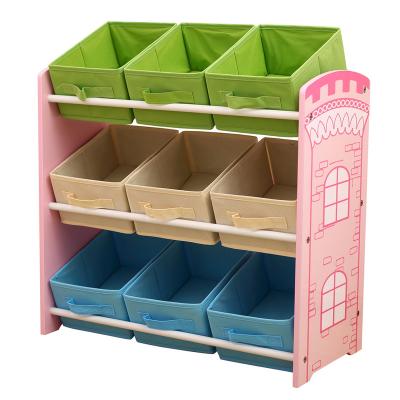 China Pink Castle Design Stored Toy Storage Rack with 9 Cloth Bins Toys Storage High Quality Wooden Organizer for Little Girls for sale