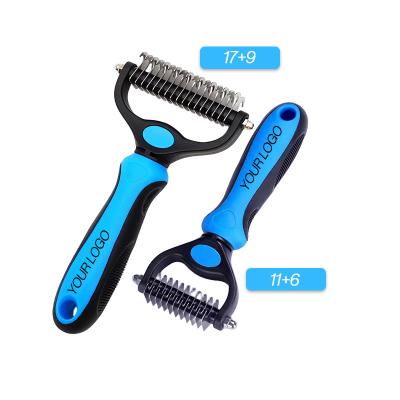 China Stocked Pet Hair Removal Tool Double Sided Shedding and Dematting Grooming Comb for Dogs Cats Pet Grooming Brush for sale