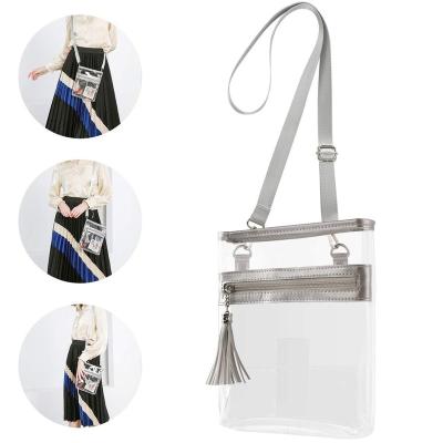 China NCAA PGA NFL Lightweight Clear Stadium Fashion Purse Phone Bag PVC Approved Cross - Transparent Body Sling Bag With Tassel for sale