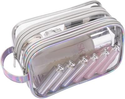 China Durable Clear Makeup Toiletry Bag 2 Layer Clear Makeup Pouch For Travel Makeup Organizer Waterproof Large Cosmetic Portable Bag for sale