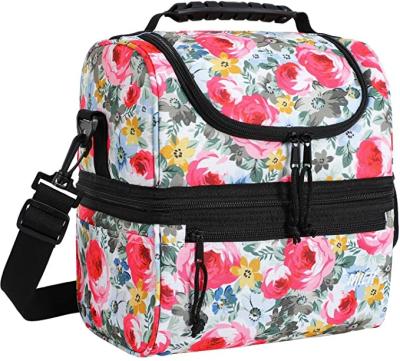 China Eco-Friendly Adult Lunch Box Insulated Lunch Bag Large Cooler Tote Bag For Men, Women, Double Deck Cooler, Hibiscus, Large for sale