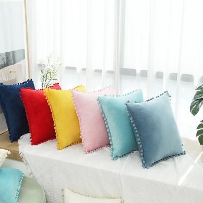 China Unique Design Pom Pom Home Decor Slide Velvet Soft Pillow Covers Invisible Zipper Cushion Covers for sale