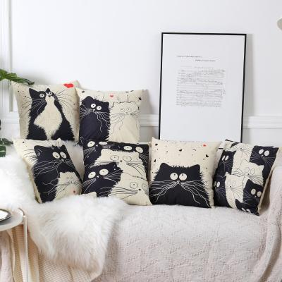 China Decorative Home Cartoon Cat Printed Linen Cushion Cover 45x45 Super Grade Soft for sale