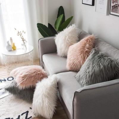 China Soft Warm Long Hair Sheepskin Cushion Cover Sale Faux Fur Decorative Pillow Cover For Living Room for sale