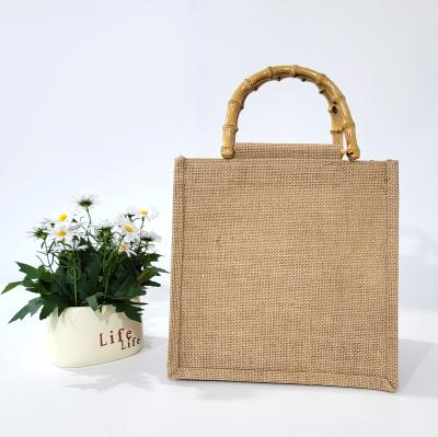 China Bamboo Handle Logo Recycle Natural Shopping Reusable Custom Printed Eco Friendly HOT SALE Laminated Jute Bag Tote Fashion Style for sale