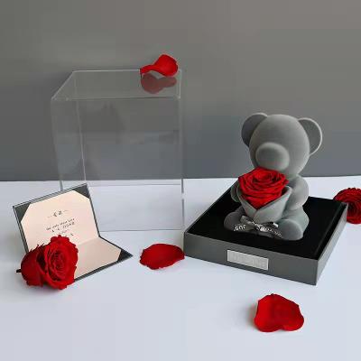 China Green Lover Christmas Environmental Protection Valentines Gifts Preserved Rose Bear Heart Flower Boxes Romantic Gift For Women for sale