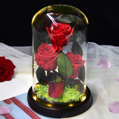 China 2022 Wholesale Environmental Protection Valentine Gift Real Natural Everlasting Green Immortal Flower Dried Forever Glass Floral Eternal Preserved Roses for sale