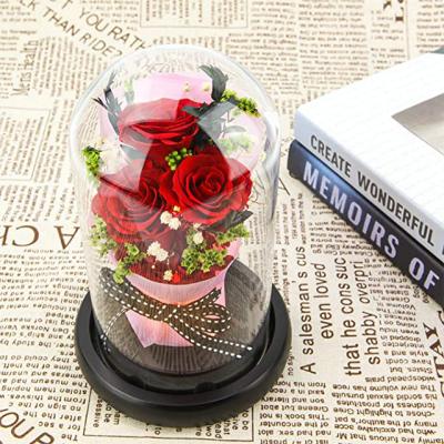 China Environmental Protection Valentines Day Christmas Gift LED Green Romantic Light Preserved Roses Flower Box Eternal Immortal Dome Rose Glass for sale