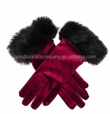 China Plain Women's Velvet Gloves With Faux Fur Cuffs for sale