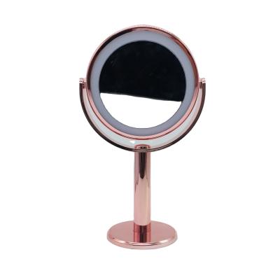 China 360 Lighted Rotate Double Side Bathroom Desk 5X Magnifying LED Mirror Light Makeup Mirror Metal Magic Mirror Electroplating Vanity for sale