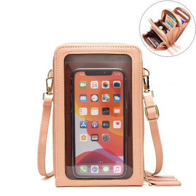 China PU Leather Comfortable Single Shoulder Window Touch Screen Cell Phone Cell Phone Bag Wallet Case Card Holder Purse Pocket Clear Bag for sale