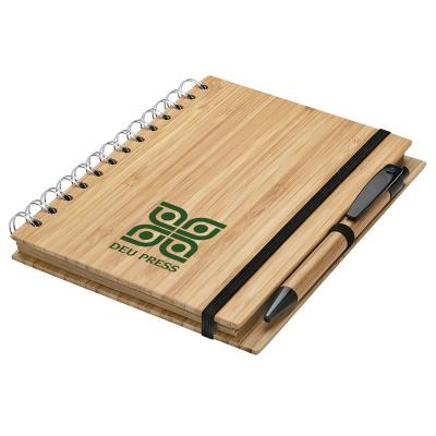 China Eco-Friendly Spiral Bamboo Cover Promotional Spiral Notebook with Ballpoint Pen for Office for sale