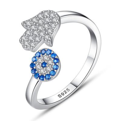 China High Quality Fashionable 18k Gold Plated Blue Sapphire Sun Flower Rings Luxury Sparkle Iced Out CZ Zircon Fatima Hamsa Hand Couple Rings for sale