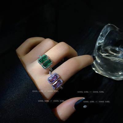 China 2021 Autumn New Trendy 18k Gold Plated Green Open Purple Diamond Ring Luxury French Retro Square Bling High Quality Crystal Rings for sale