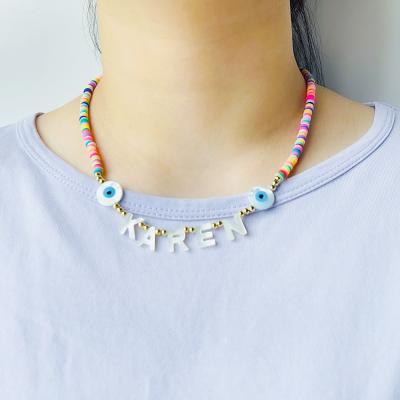 China New 2021 High Quality Custom Handmade Colorful Soft Shell Letters Pottery Evil Eyes Choker Necklaces Bohemian Soft Necklaces for sale