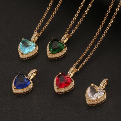 China High Quality Amazon Hot Sale Gemstone Necklace Blue Red Green Shiny Iced Out CZ Zircon Heart Pendant Necklaces for sale