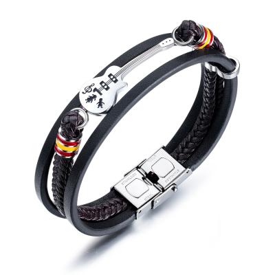 China European Hot Selling Men's Bracelet Hiphop Multi Clasp Handmade Braided Guitar Stainless Steel Layer Pu Leather Bracelets PU Leather Bracelets for sale