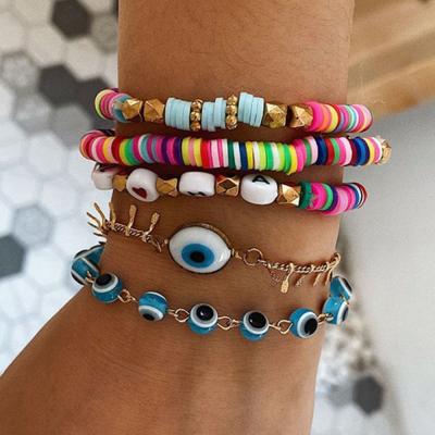 China Bohemian Colorful Soft Evil Eyes Shell Bracelet Boho Card 5Pcs/Set Pottery BOHEMIA Charm Bracelets Sets for sale