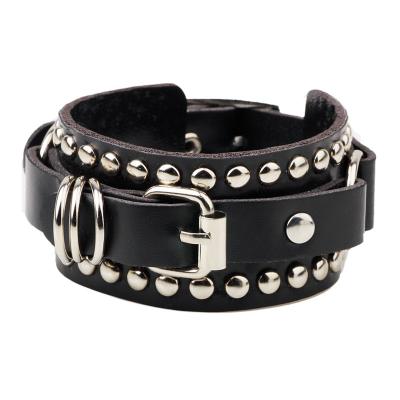 China Gothic Personality Jewelry Men's Leather Wide Rivet Bangle Black White Punk Bangle Bracelets for sale