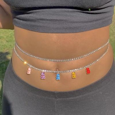 China Hot Selling Amazon Bear Belly Body Chain Fashion Shiny Cute Hot Rhinestone Dresser Colorful Amazon Bear Charm Waist Chain For Girl for sale