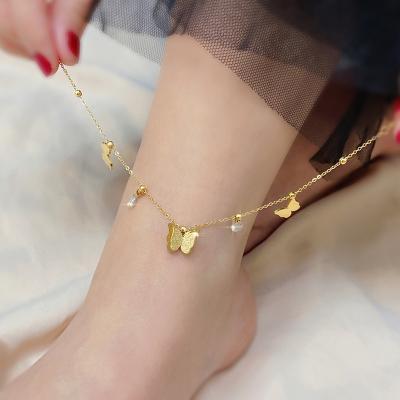 China Trendy Trendy Jewelry 18k Gold Plated Bling Zircon CZ Anklets Stainless Steel Butterfly Charm Anklets for sale