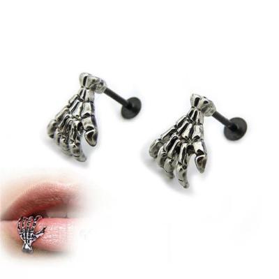 China 2021 New Arrival Hiphop Personality Hand Shape Body Punk Cold Lip Cartilage Hand Skull Stainless Steel Pierced Piercing Jewelry for sale