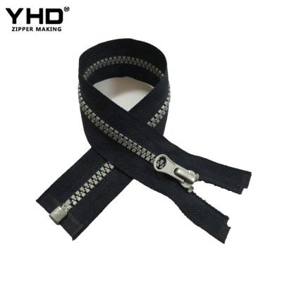 China Nickel free resin vislon 5# open end plastic zipper with custom logo contrast black silver for garment for sale