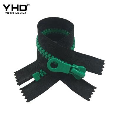 China Nickel free fancy resin vislon 8# end plastic end zipper with custom logo puller for sale