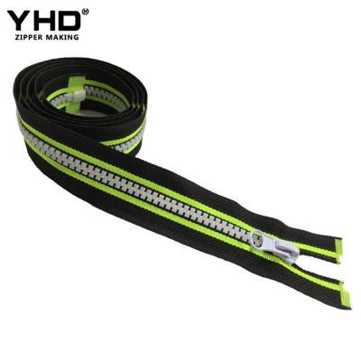 China Viable resin plastic vislon 5# open end zipper with green tumb puller custom logo double color for sale