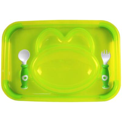 China Hot Selling BPA Free Rectangular Non-slip Cute Baby Plastic Silicone Feeding Tray With Baby Spoon for sale