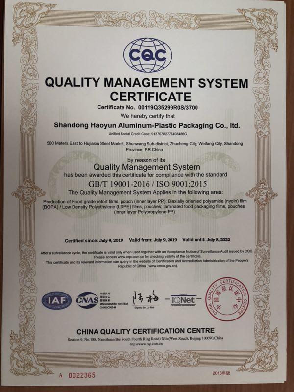 ISO9001 - Shandong Haoyun Aluminum - Plastic Packaging Co., Ltd.