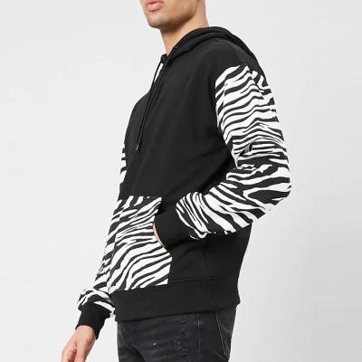 China Custom OEM men's streetwear Anti-wrinkle French Terry contrast zebra print pullover French 100% cotton hoodies for sale