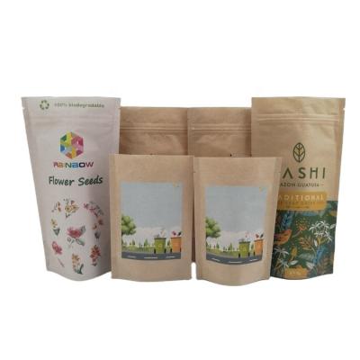 China Custom Printing Bright PLA Smell Proof Compostable Loose Coffee Compostable Loose Tea Dry Flower Seeds Bags Stand Up Kraft Paper Pouch for sale