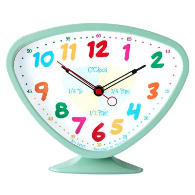 China Cartoon Inverted Triangle Shape Kids Time Teaching Colorful Numbers Light Green Frame Quartz Table Clock for sale