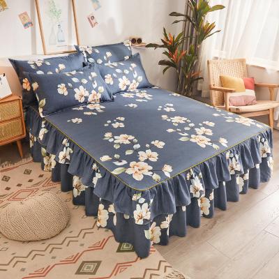 China Floral Printed Pillowcase Bed Skirts Set Bilateral Double Layer Bedspread Sheet Bed Skirt Sheet for sale