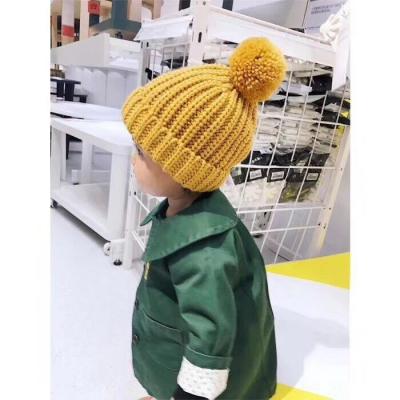 China M0120 Lovely baby kids candy color warm knitted skullies skullies beanie hat pom pom striped hood hat for sale