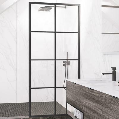 China Smoothly Slide Free Standing Bath Shower Door Panel Black Tempered Glass Frame Fixed Shower Screen for sale