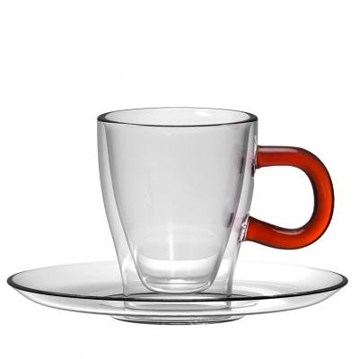 China Sustainable Supplier Chinese Luxurious Glass Double Wall Thermal Mug With Saucer 80ml for sale