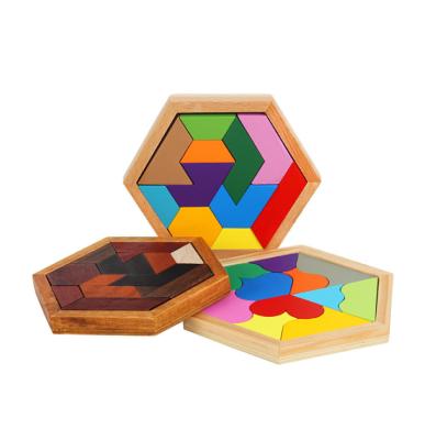 China Eco-Friendly Material Hexagon Tangram Puzzle For Kids And Adults Challenging Brain Teasers Wooden Puzzle For Adults for sale