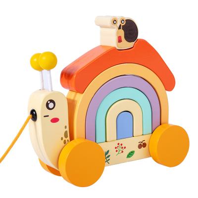 China Toy Wooden Rainbow Snail Funny Educational Push and Pull Along Shape Sorter Stacking Blocks Play for Early Creative Child Kids Education Wooden Trolley Toys for sale