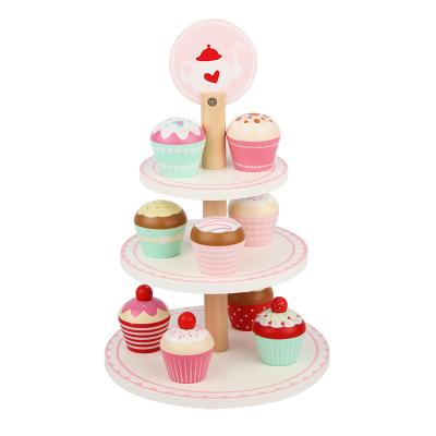 China Toy Food Playset Best Selling Three Layer Cake Stand Role Play Set Wooden Cake Stand Cake Stand for sale