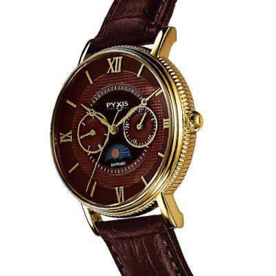 China Day/Date Moon Phase Brown Color Leather Watch Gold Case Best Quality Sapphire Glass for sale