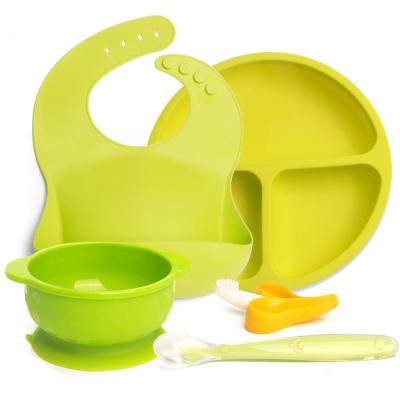 China BPA Free Silicone Baby Feeding Set bib+suction bowl+spoon+ food grade baby toddler+baby dish green for sale