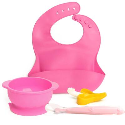 China BPA free silicone baby feeding set bib+suction bowl+spoon+ food grade baby toother pink for sale