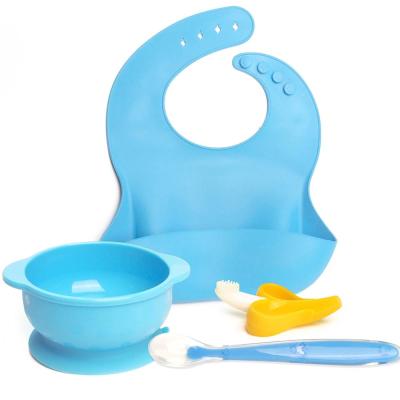 China BPA free silicone baby feeding set bib+suction bowl+spoon+ food grade baby toother blue for sale