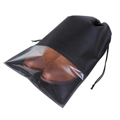 China Reusable High Quality Nonwovens Customize Suction String Pouch Transparent Window Travel Storage Shoes Bag for sale