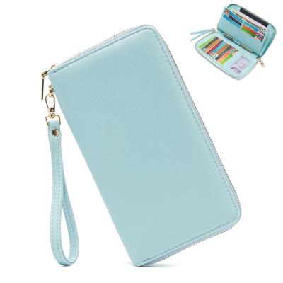 China RFID Women's Large Capacity Zip-Around Wristlet Wallet RFID-Blocking PU Leather Zipper Polyester Card Holder Checkbook Passport Slots for sale