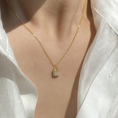 China Hot Selling Trendy Fashion Style Lock Pendant Gold Necklace 925 Korean Silver CZ Designer Chain Necklace For Women Girl Jewelry for sale