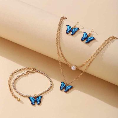 China Hot Selling Colorful Cute Environmentally Friendly Butterfly Chain Earrings Bracelets Charms Necklace Set For Women Girls for sale