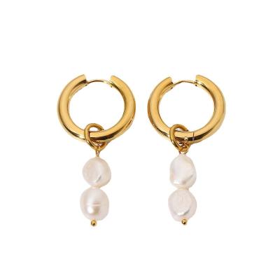 China TRENDY Baroque Simple Freshwater Plated Pearl Jewelry Women Jewelry 18k Gold Stainless Steel Circle Drop Earrings Real for sale